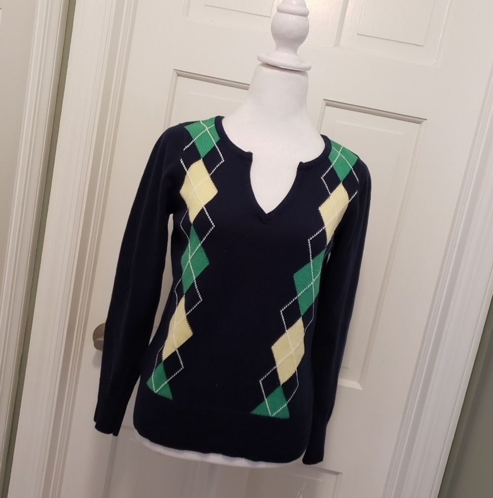 NWT Liz & Co. Navy Arglye Print Sweater Size PL Ret. $44, preppy, classic